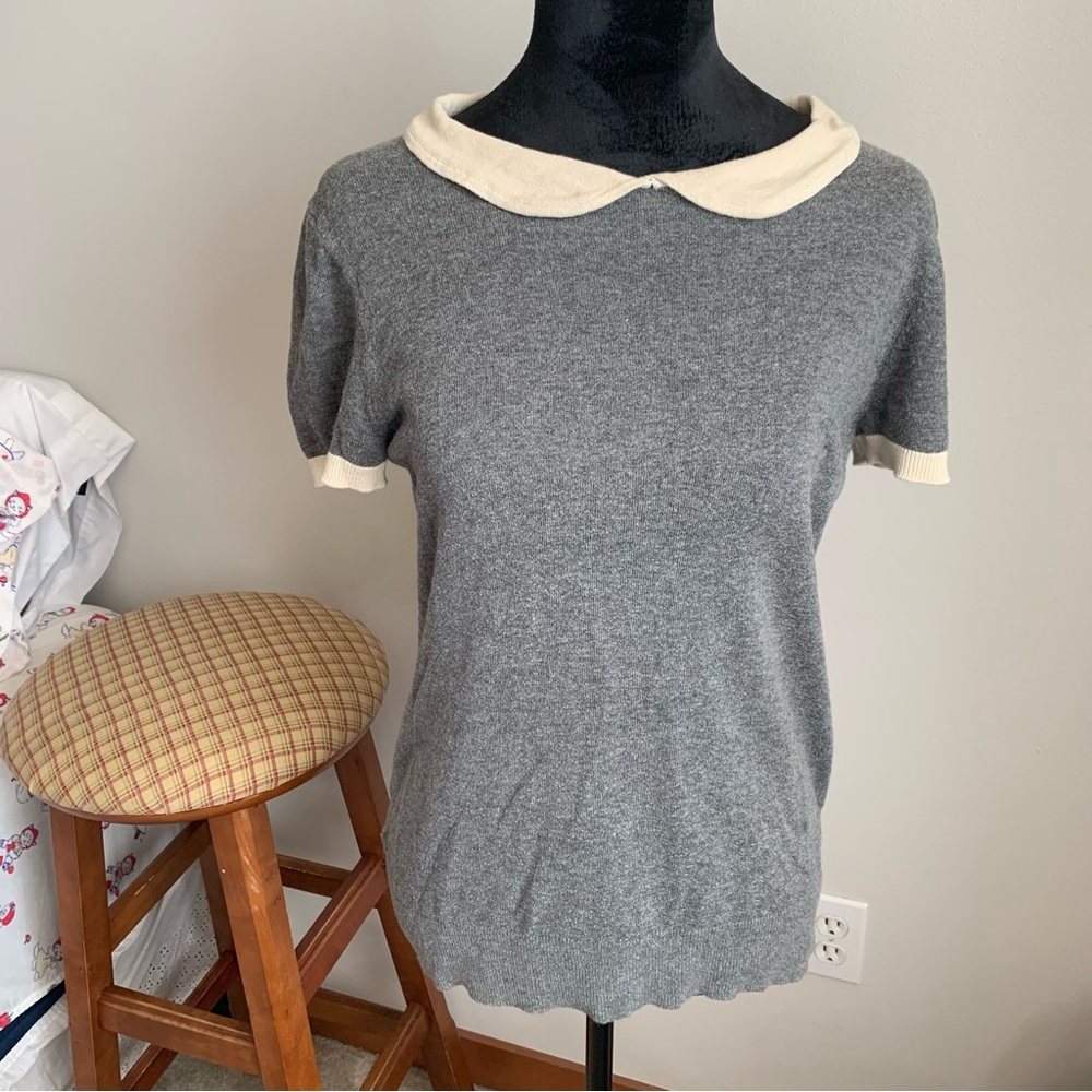 LOFT Charcoal Knit Tee with Ivory Collar